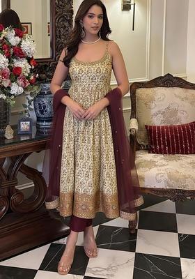 White Embroidered Silk Blend Anarkali Set