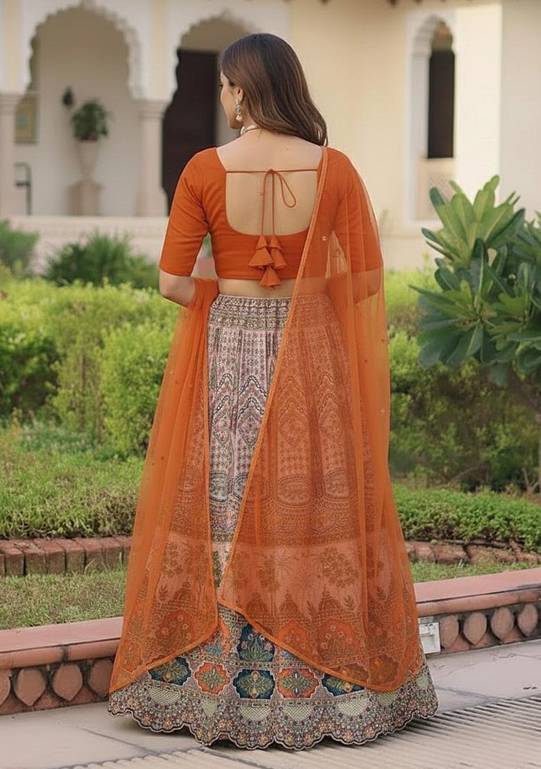 Orange Embroidered Crepe Lehenga Set - Indya