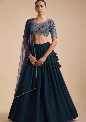 Dark Blue Embroidered Georgette Lehenga Set