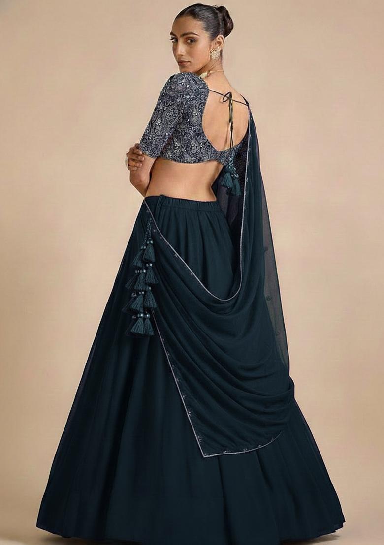 Dark Blue Embroidered Georgette Lehenga Set - Indya