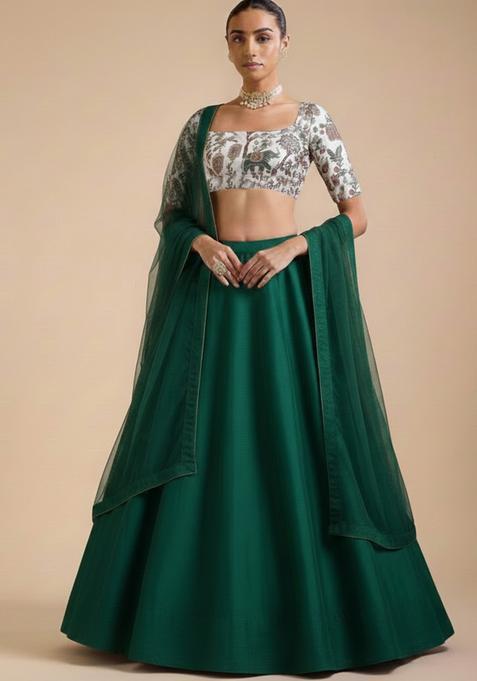 Bottle Green Embroidered Silk Blend Lehenga Set