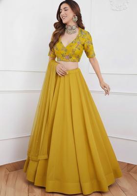 Yellow Embroidered Crepe Lehenga Set