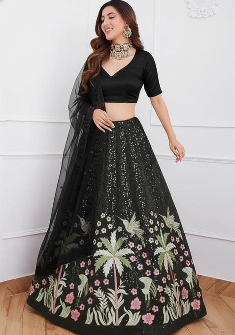 Black Embellished Silk Blend Lehenga Set