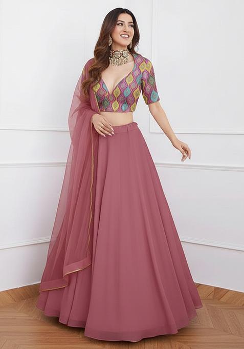 Pink Abstract Print Silk Blend Lehenga Set