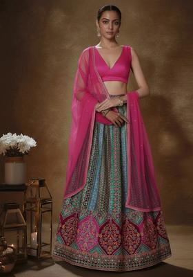 Pink Printed Brocade Lehenga Set