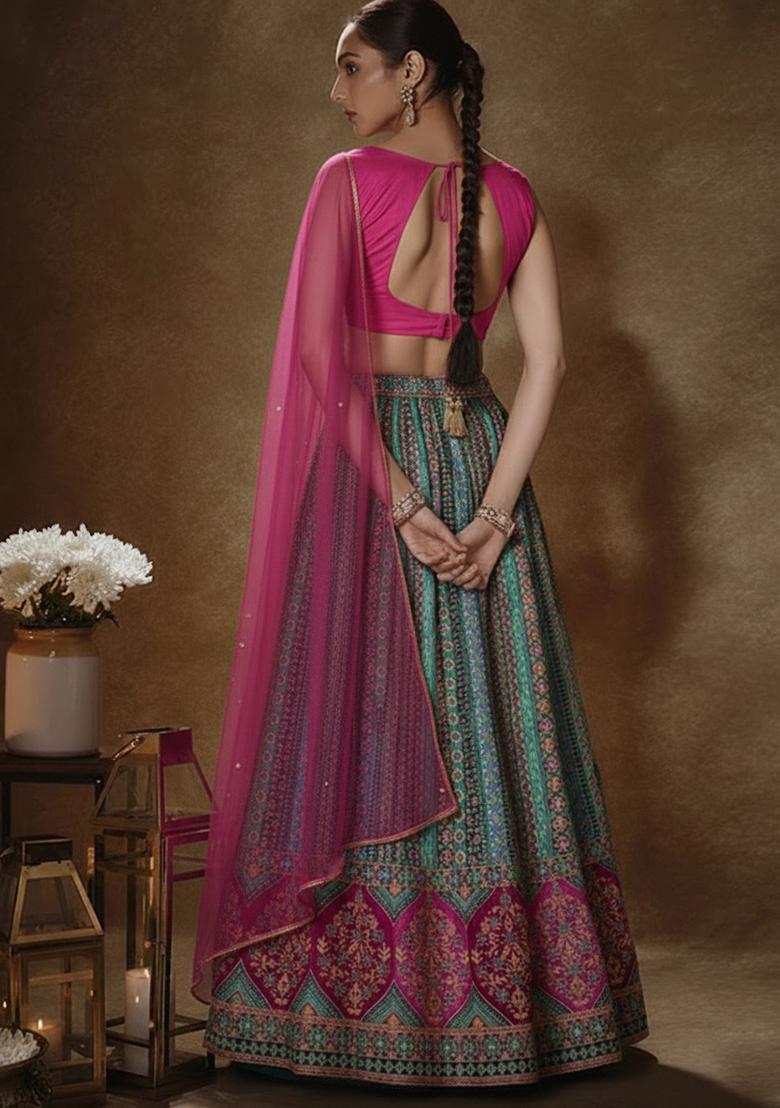 Pink Printed Brocade Lehenga Set - Indya