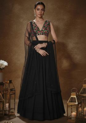 Black Sequin Silk Blend Lehenga Set