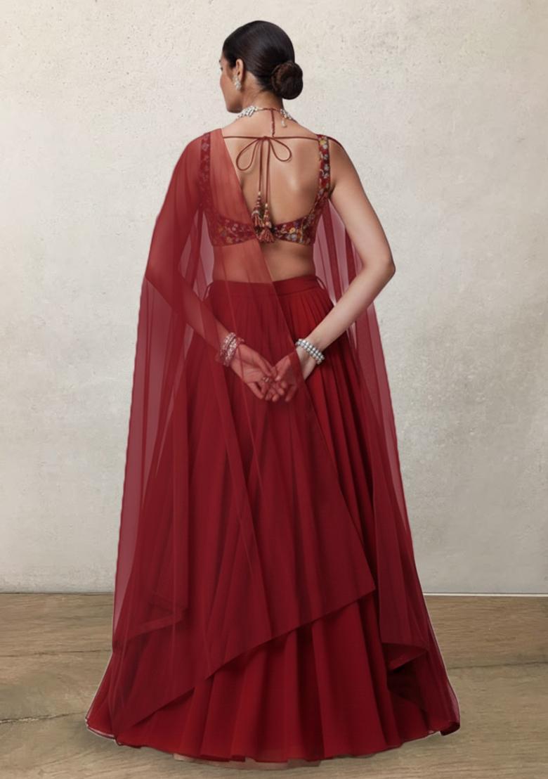Red Embroidered Crepe Lehenga Set - Indya