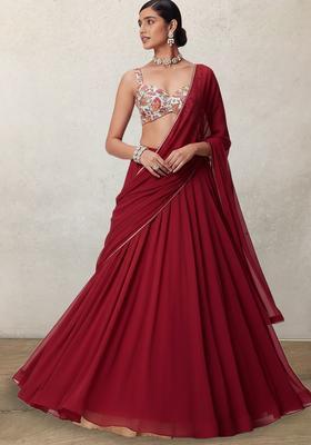 Wine Floral Print Crepe Lehenga Set
