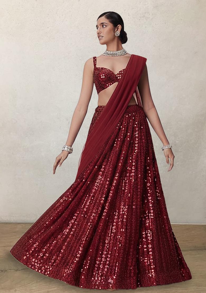 Red Sequin Net Lehenga Set - Indya