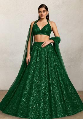 Dark Green Sequin Net Lehenga Set
