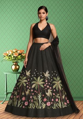 Black Embellished Silk Blend Lehenga Set