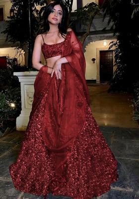 Red Sequin Net Lehenga Set