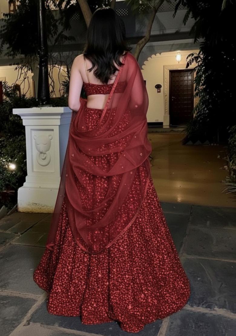 Red Sequin Net Lehenga Set - Indya