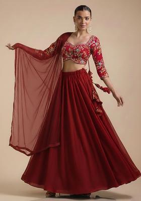 Red Embroidered Crepe Lehenga Set