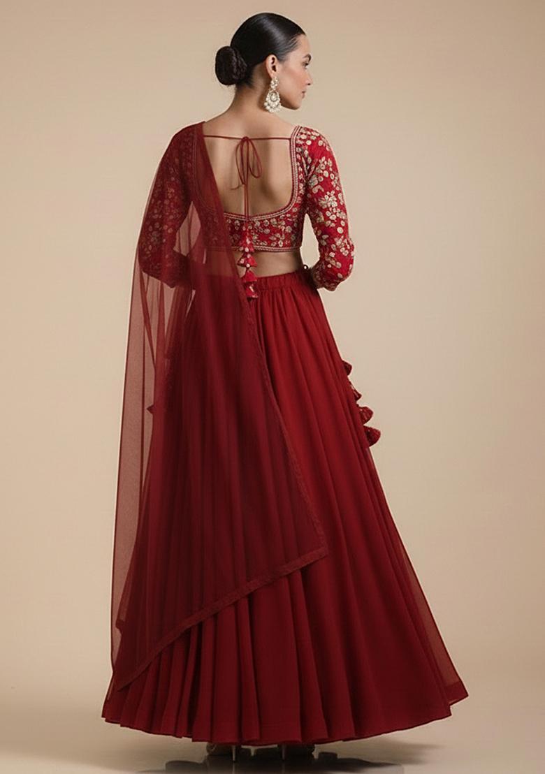 Red Embroidered Crepe Lehenga Set - Indya