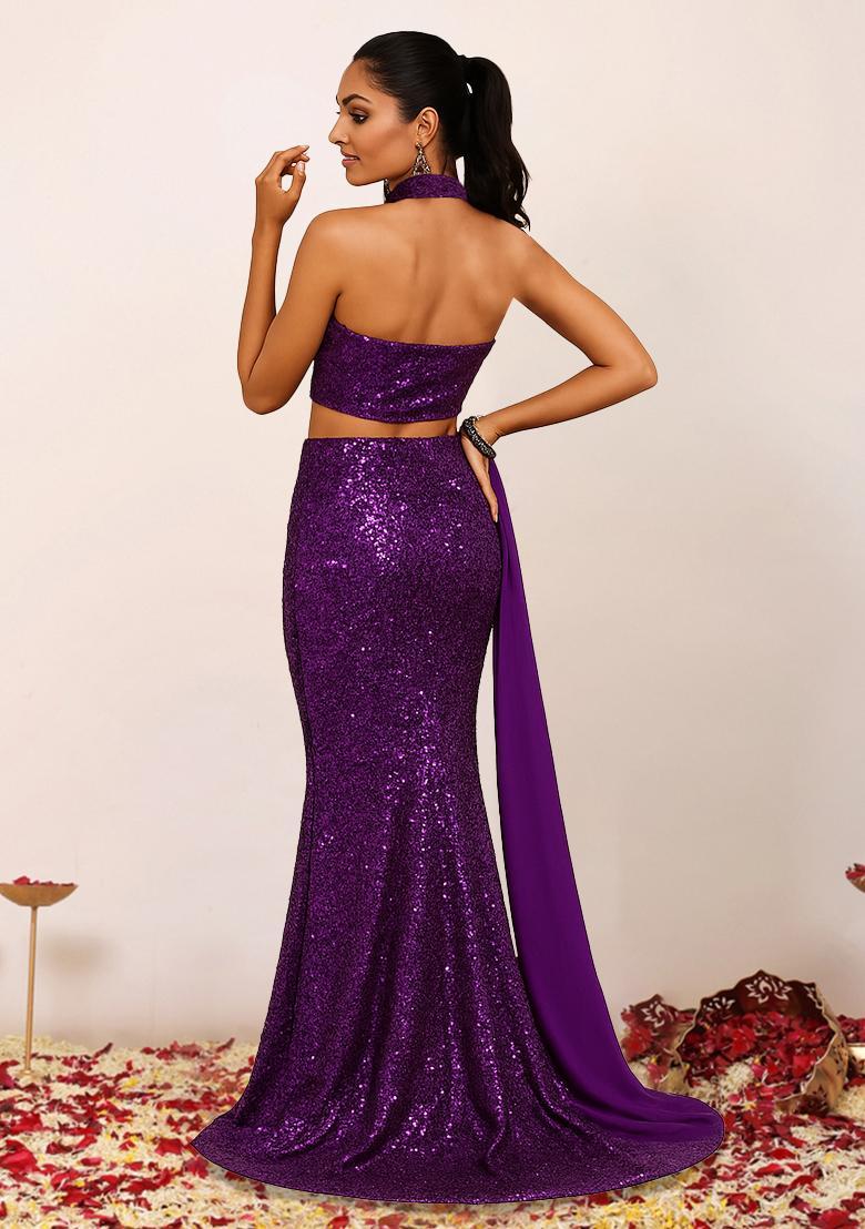 Deep Purple Sequin net Fusion Set - Indya