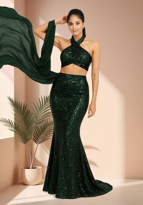 Emerald Green Sequin net Fusion Set
