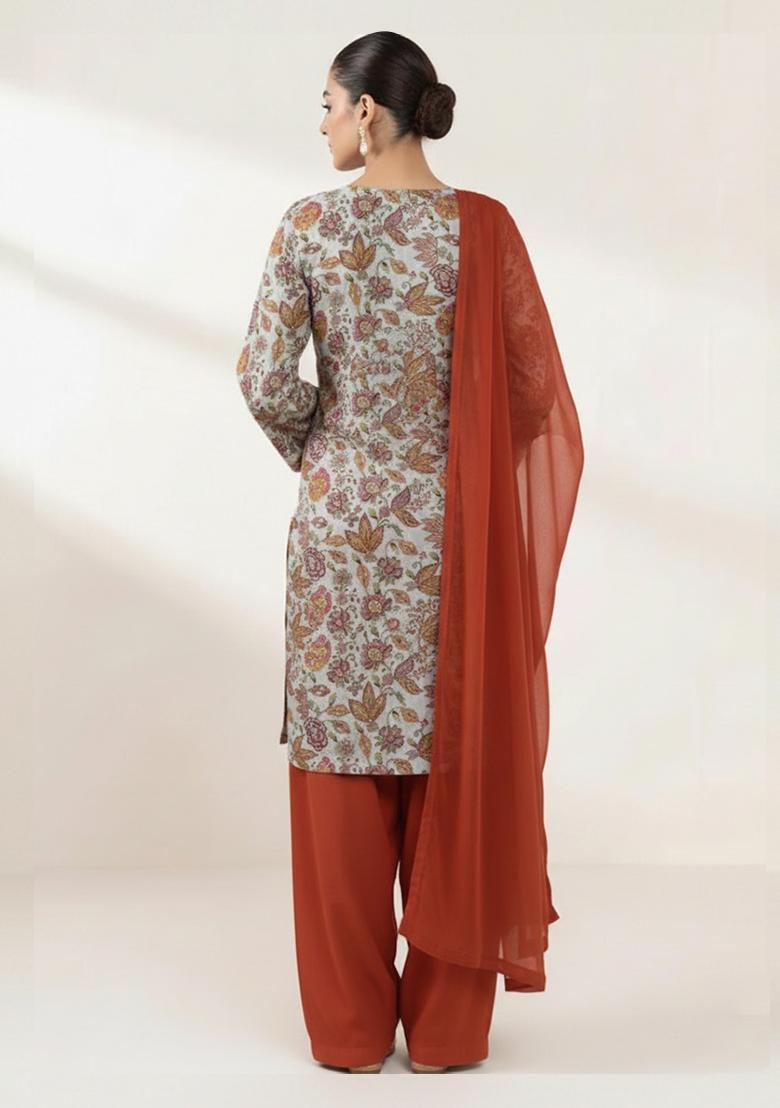 Ivory Floral Print Crepe Punjabi Suit - Indya
