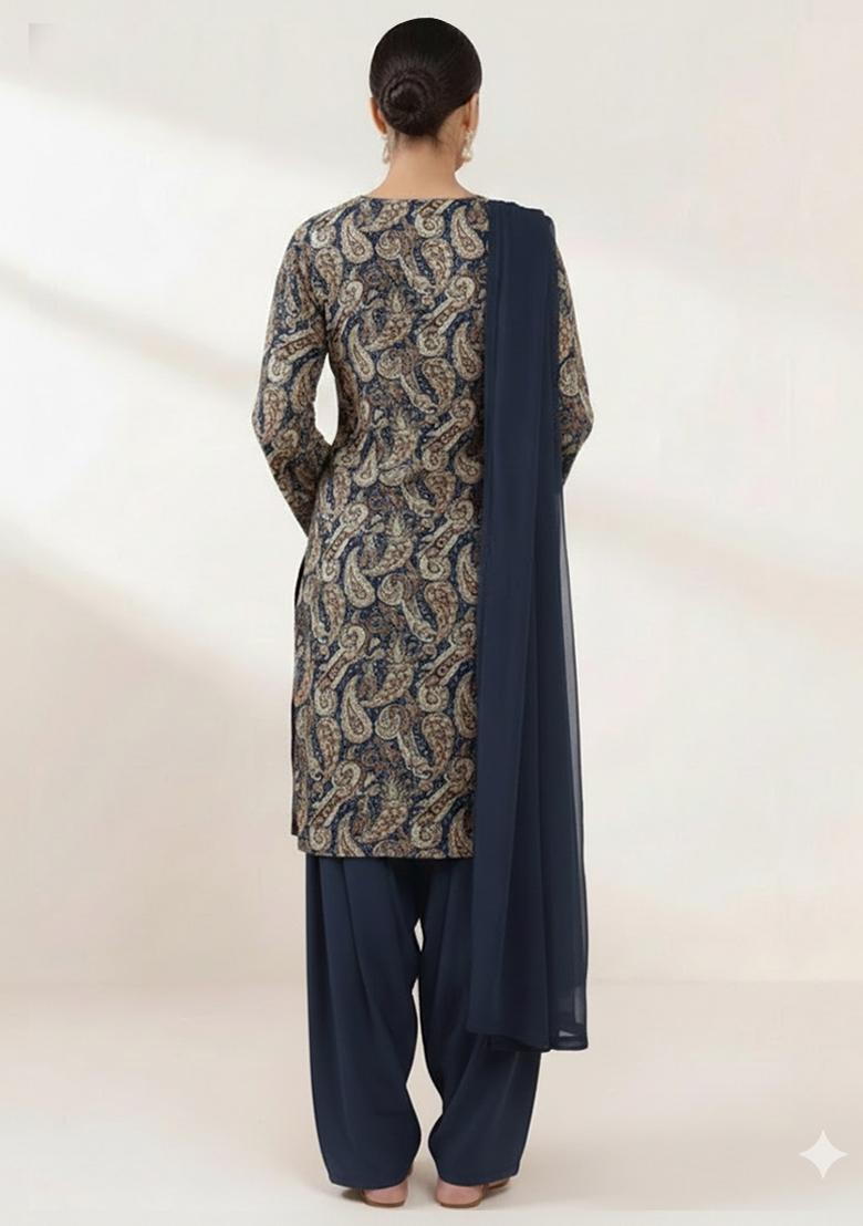 Navy Printed Jacquard Straight Kurta Set - Indya