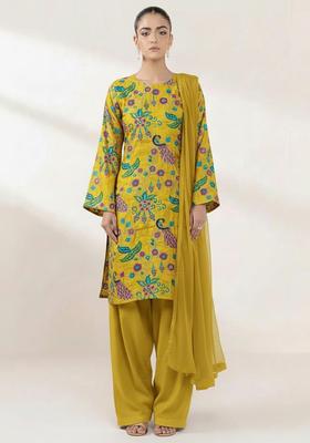 Mustard Yellow Printed Crepe Punjabi Suit