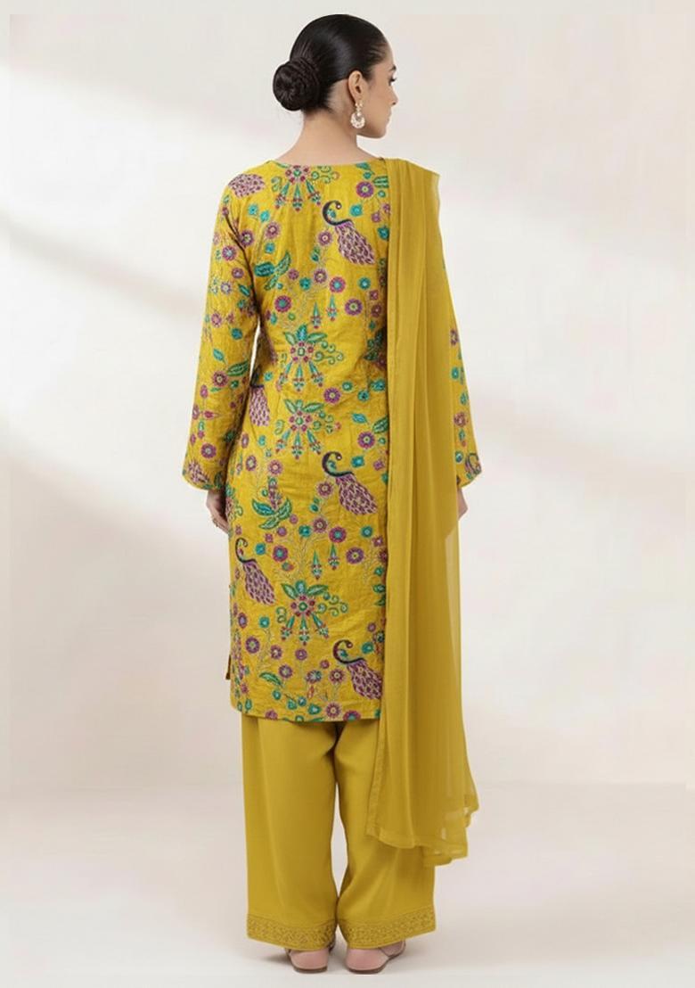Mustard Yellow Printed Crepe Punjabi Suit - Indya