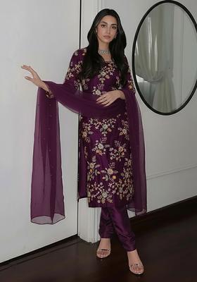 Plum Purple Embroidered Crepe Straight Kurta Set