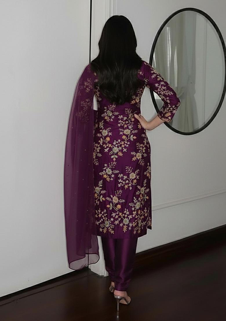 Plum Purple Embroidered Crepe Straight Kurta Set - Indya