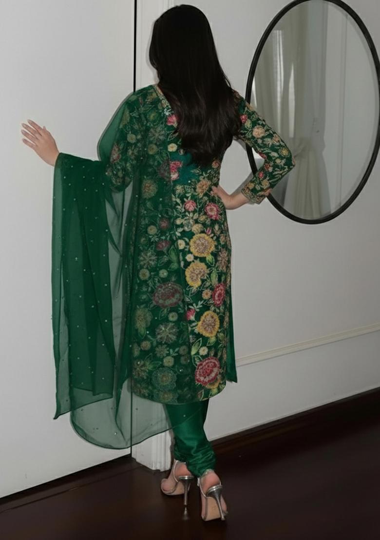 Bottle Green Embroidered Crepe Pakistani Suit Set - Indya