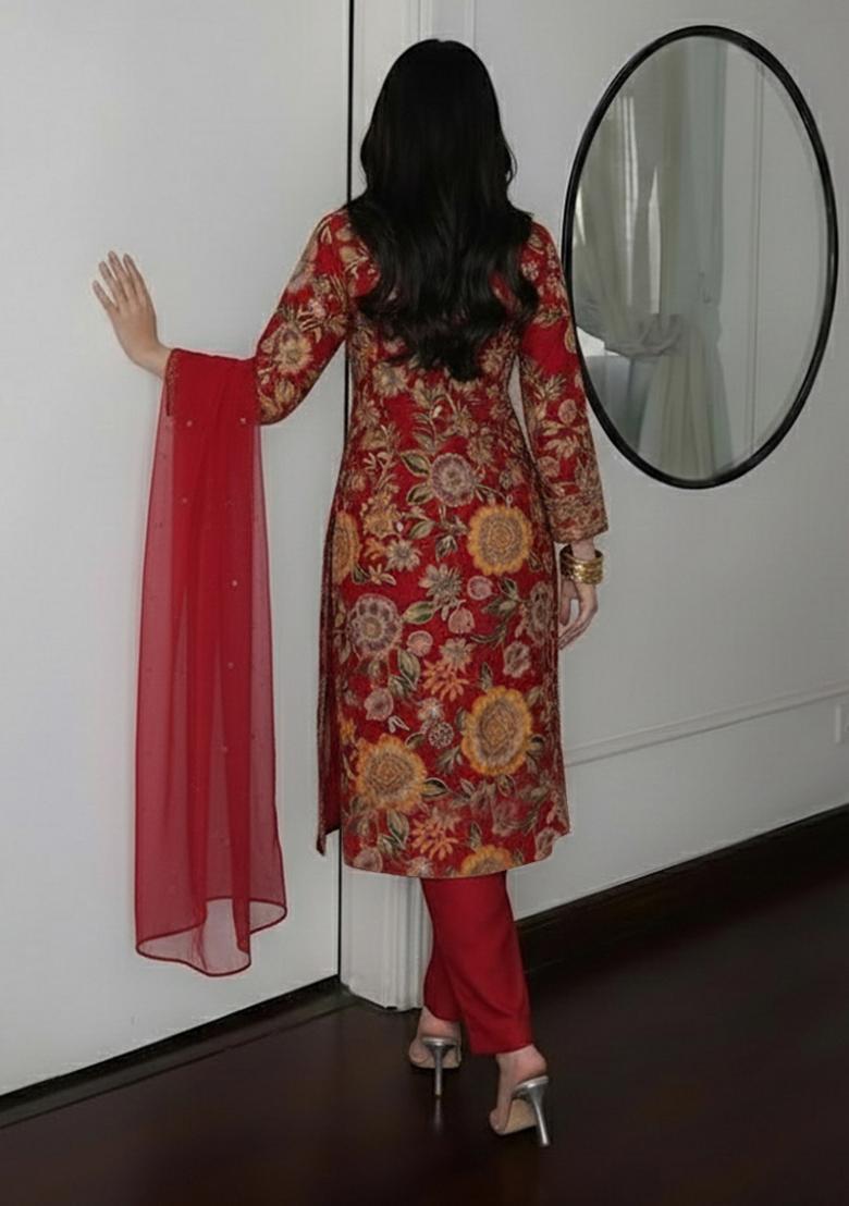 Deep Maroon Floral Print Crepe Pakistani Suit Set - Indya