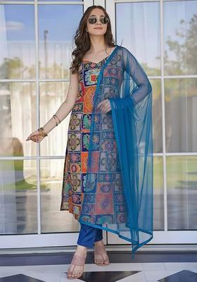 Blue Printed Crepe Pakistani Suit Set
