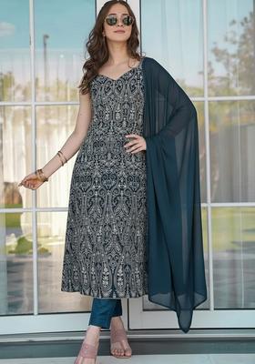 Dark Blue Printed Georgette Pakistani Suit Set