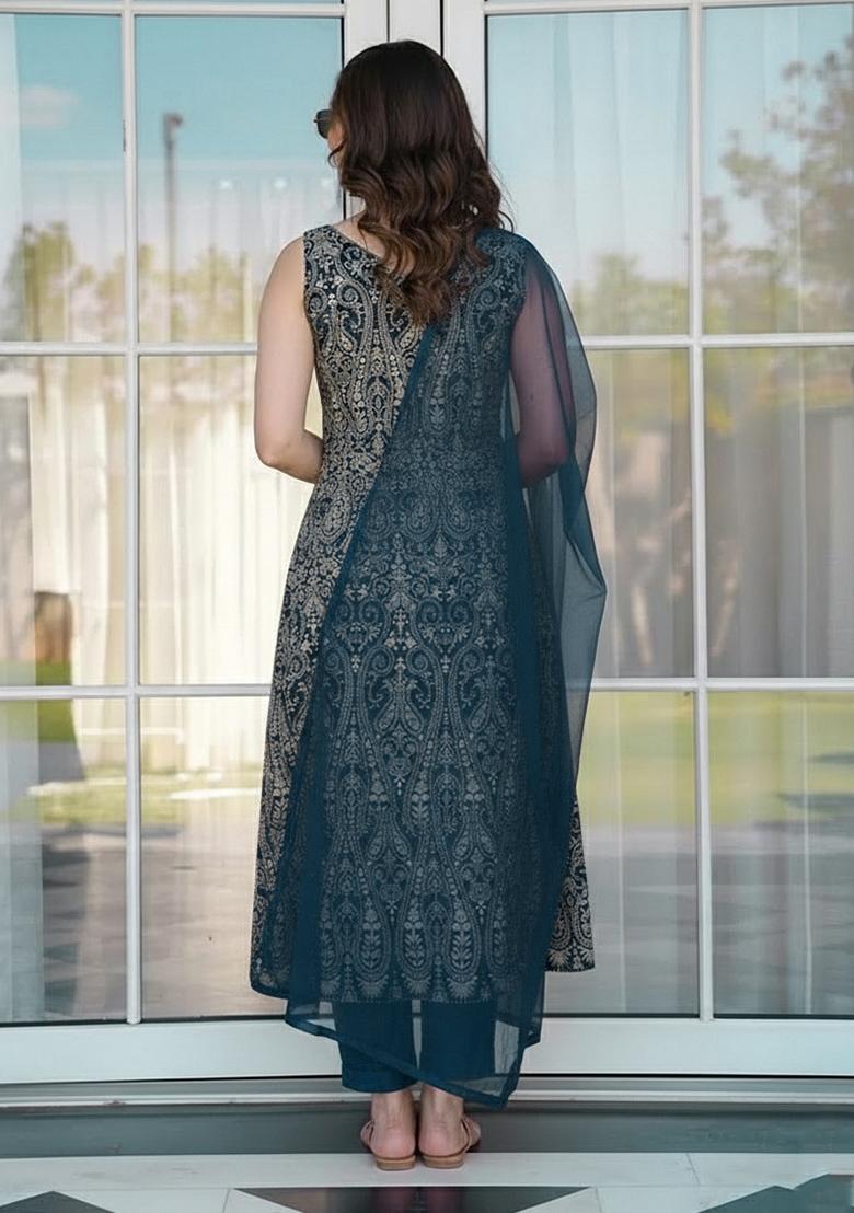 Dark Blue Printed Georgette Pakistani Suit Set - Indya