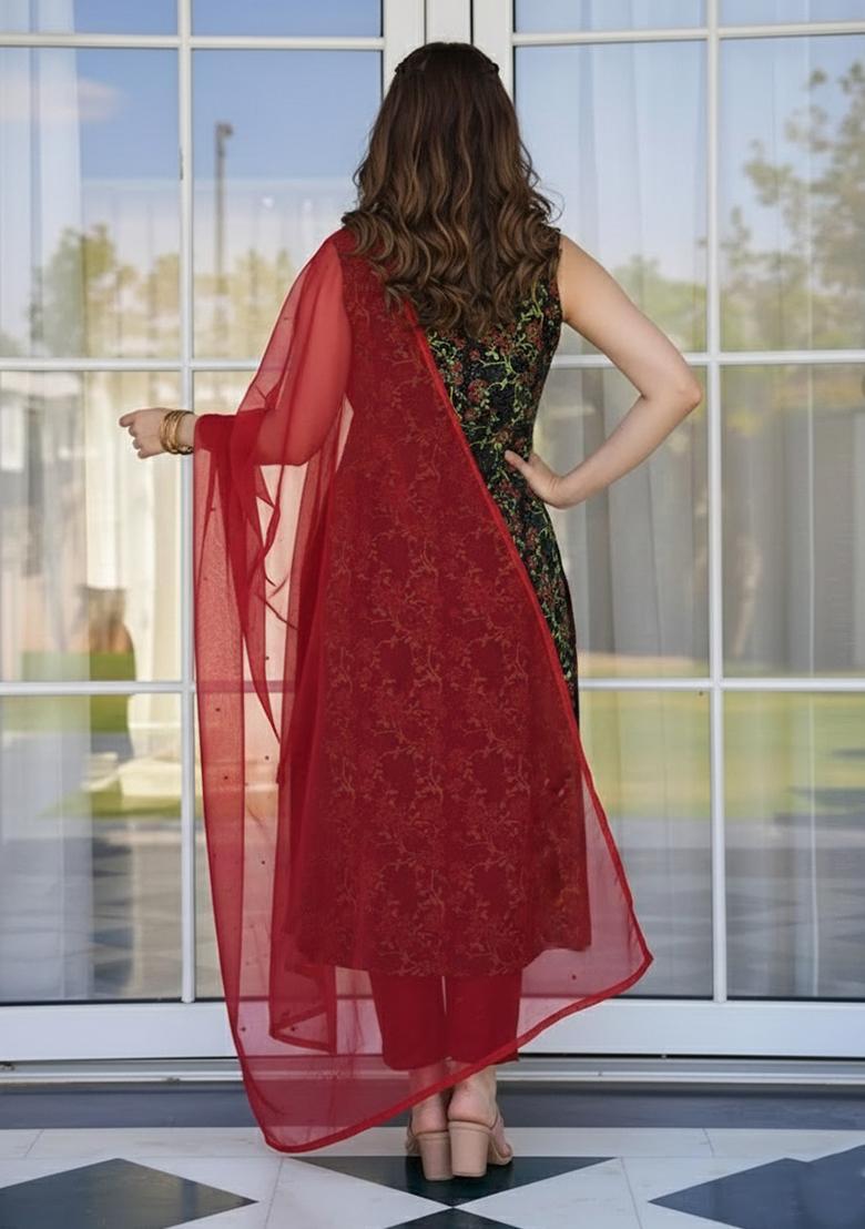 Multicolor Floral Print Silk Blend Straight Kurta Set - Indya