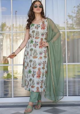 Pista Green Printed Silk Blend Straight Kurta Set