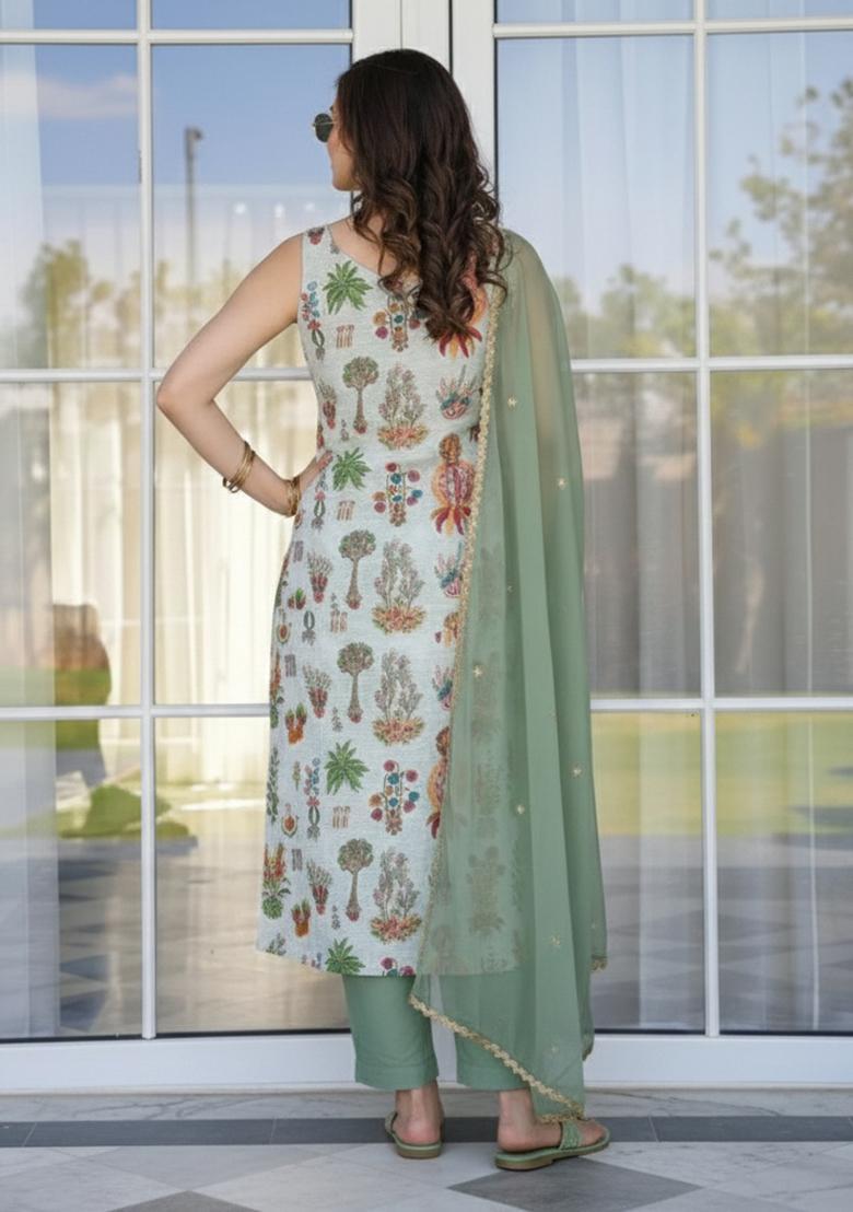 Pista Green Printed Silk Blend Straight Kurta Set - Indya