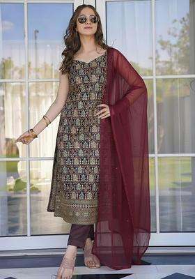 Maroon Printed Silk Blend Pakistani Suit Set