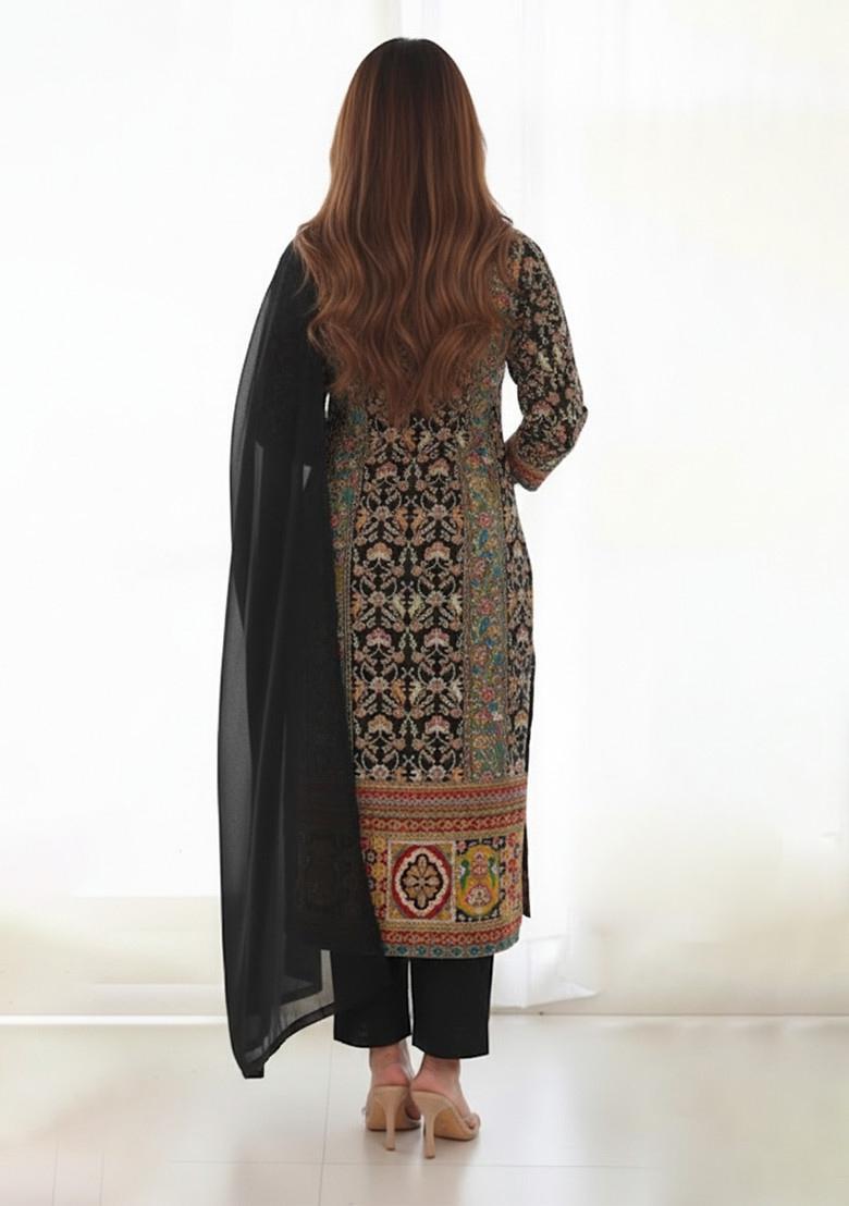 Black Printed Crepe Pakistani Suit Set - Indya