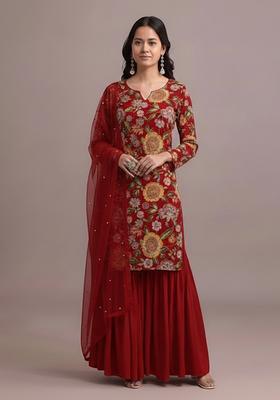 Deep Red Embroidered Crepe Sharara Set