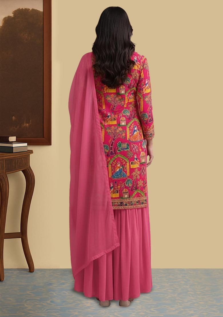 Rani Pink Embroidered Crepe Sharara Set - Indya