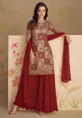 Deep Wine Printed Poly blend Sharara Set