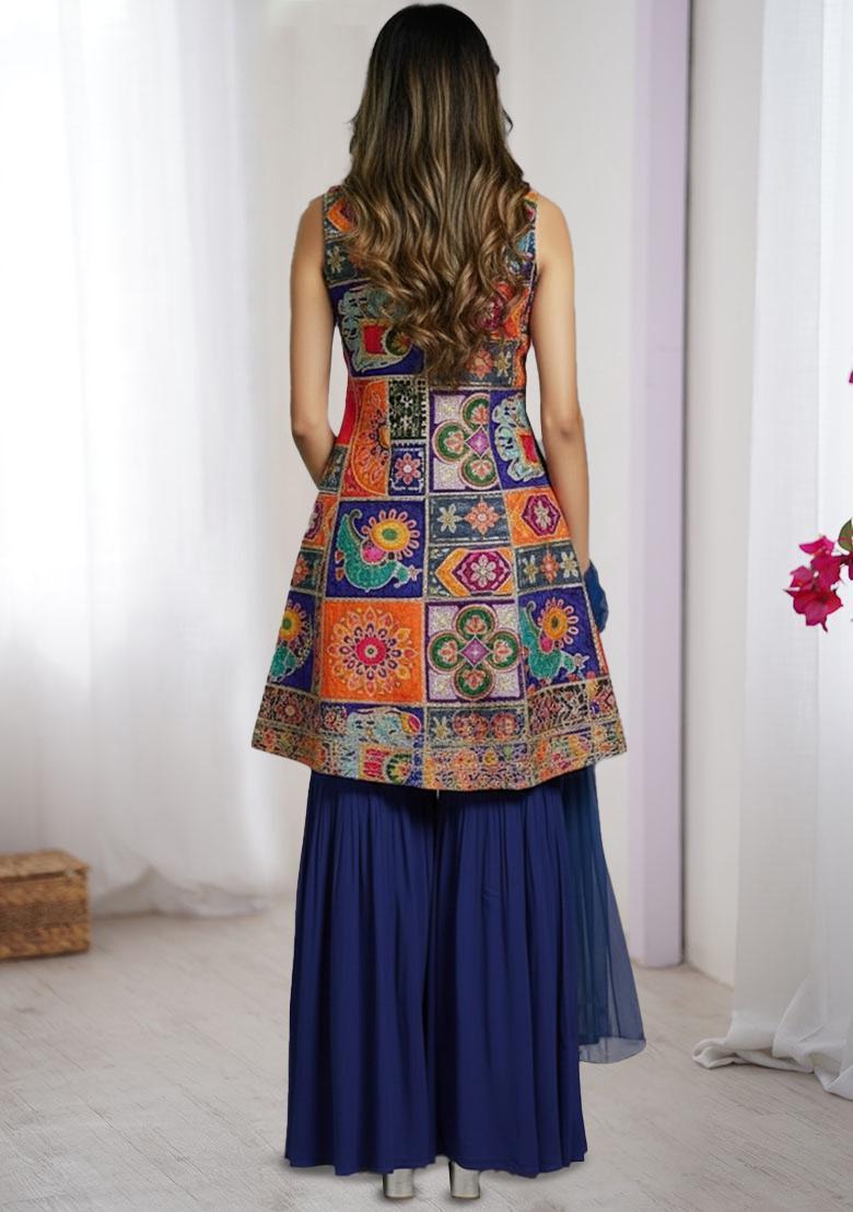 Deep Blue Embroidered Crepe Sharara Set - Indya