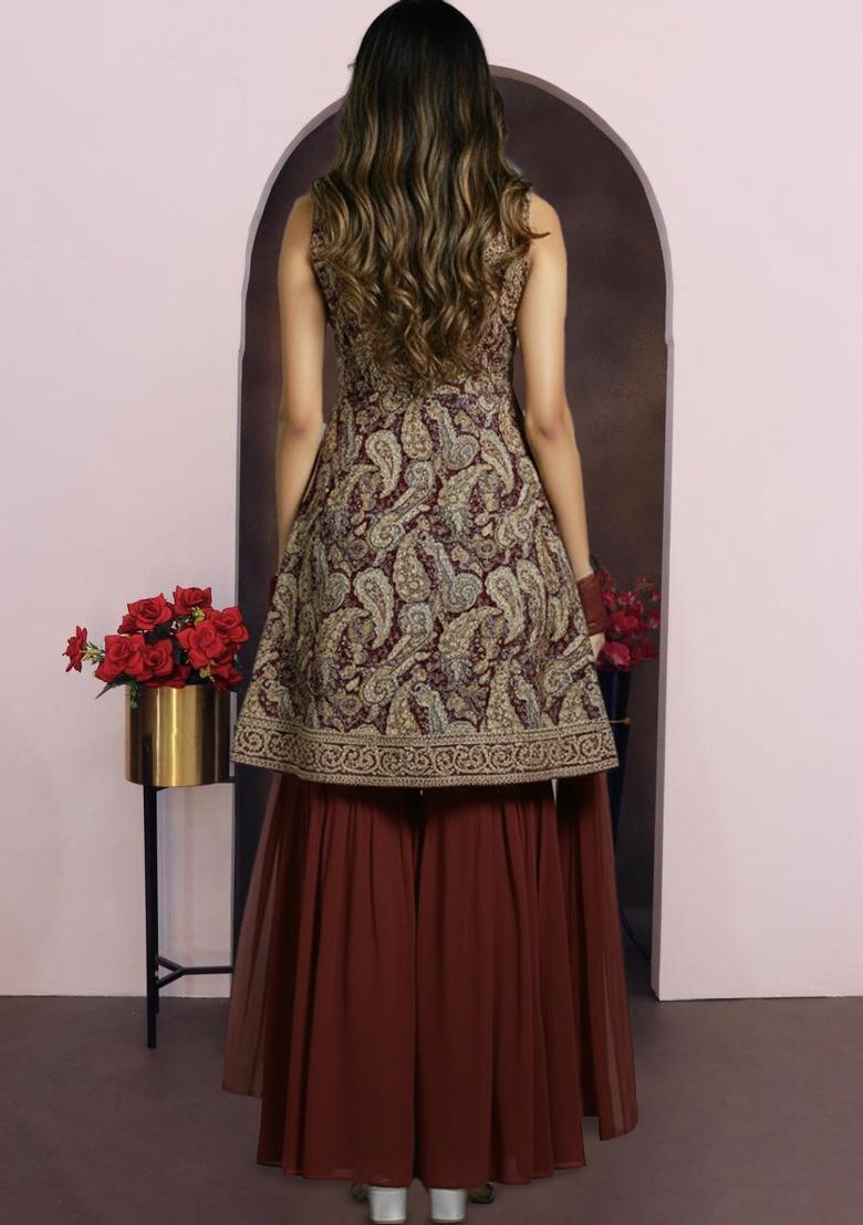 Deep Maroon Floral Printed Jacquard Sharara Set - Indya
