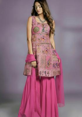 Bright Pink Floral Printed Silk Blend Sharara Set