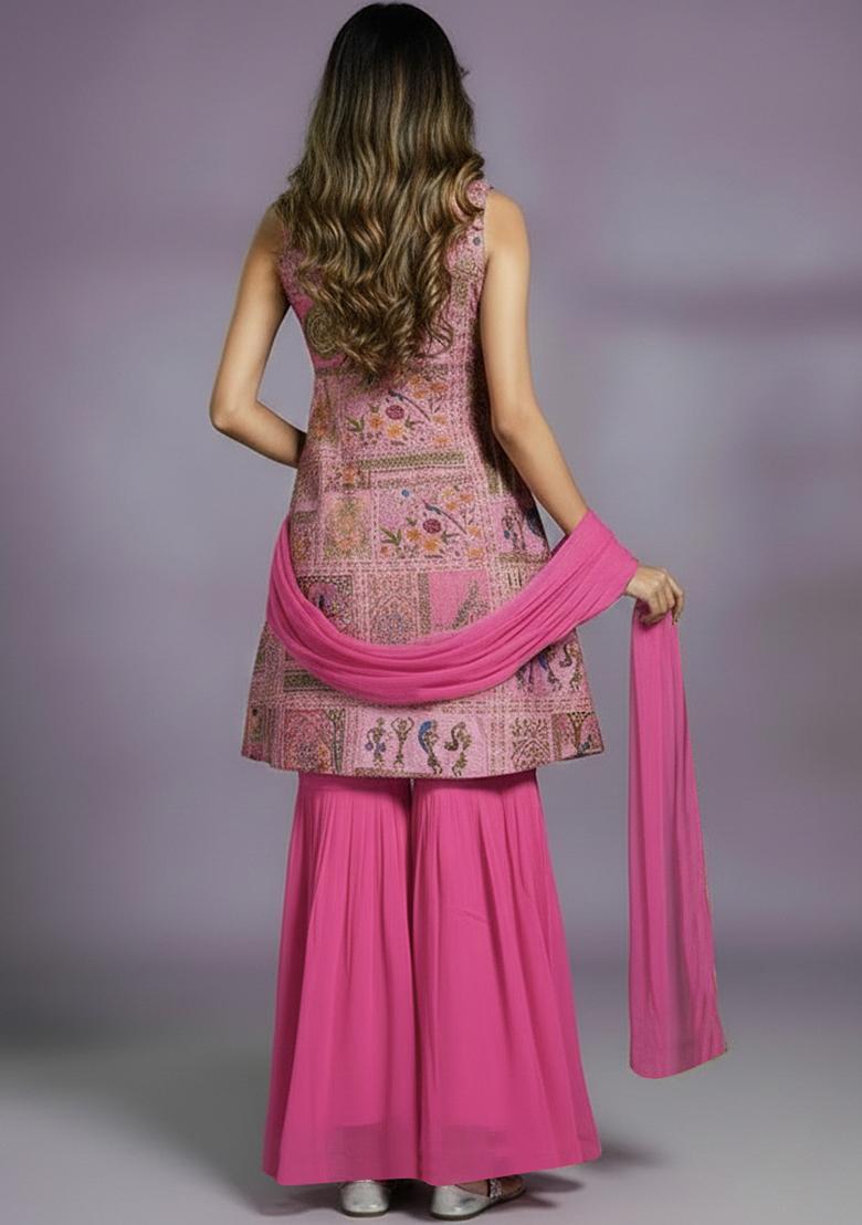 Bright Pink Floral Printed Silk Blend Sharara Set - Indya