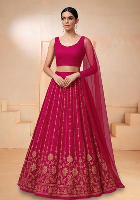 Crimson Red Embroidered Crepe Lehenga Set