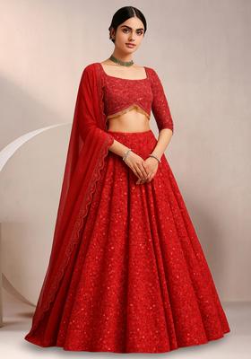Crimson Red Sequin Net Lehenga Set