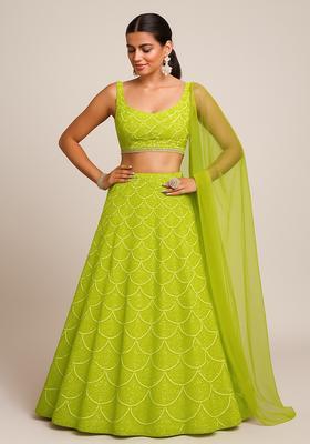 Lime Green Embroidered Net Lehenga Set