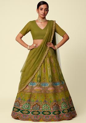 Olive Green Embroidered Crepe Lehenga Set