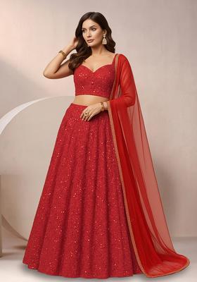 Deep Red Sequin Embroidery Net Lehenga Set